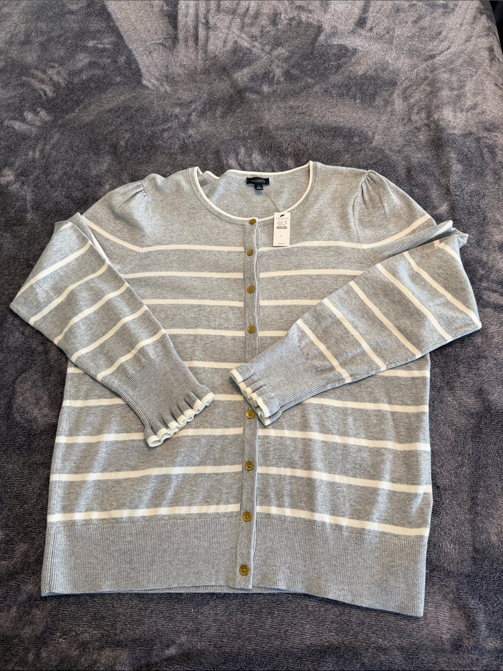 Talbots Gray and White Striped Button-Front Cardigan NWT